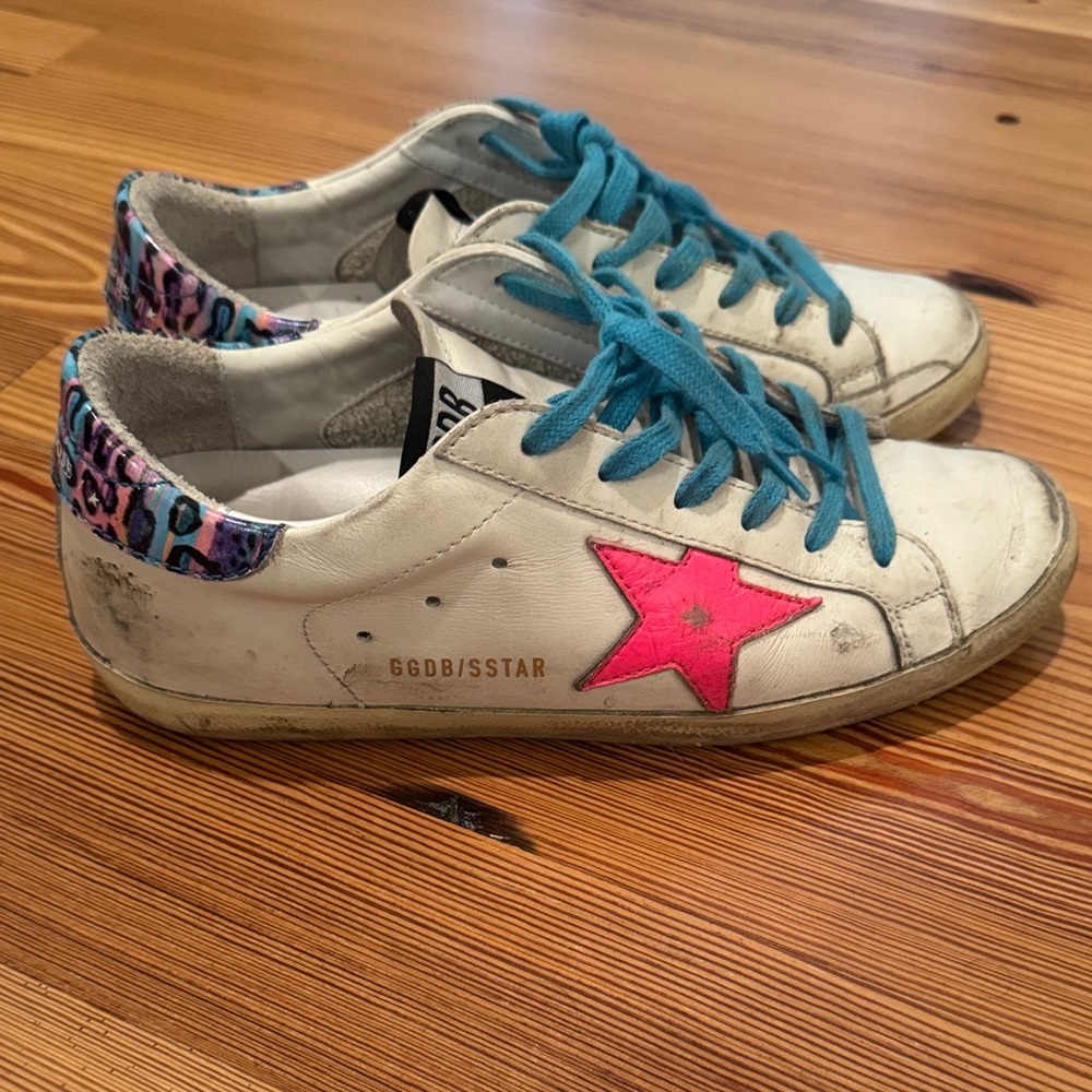 Golden Goose White Sneakers with Hot Pink Star and Turquoise Laces